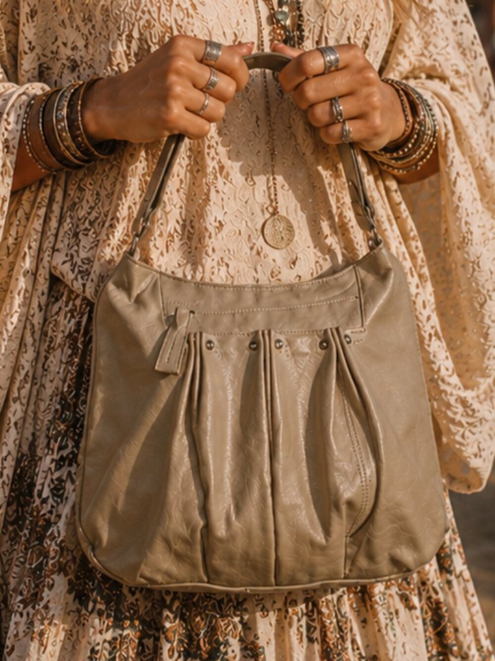 Longchamp Taupe Gathered Pocket Leather Hobo Shoulder Slouch Bag